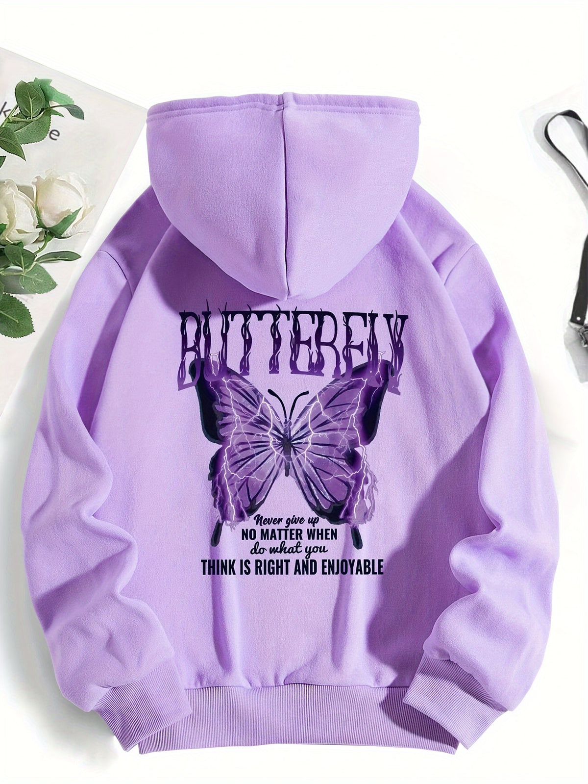 1pc Polyester Knit Fabric Long Sleeve Y2K Letter Butterfly Print Hoodie with Drawstring and Front Print for Casual Sports Wear