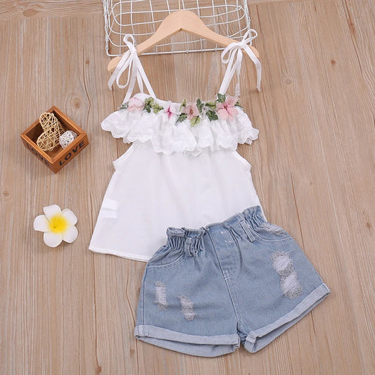 Summer 2-Piece Set - Flower Sling Top & Denim Shorts for Girls