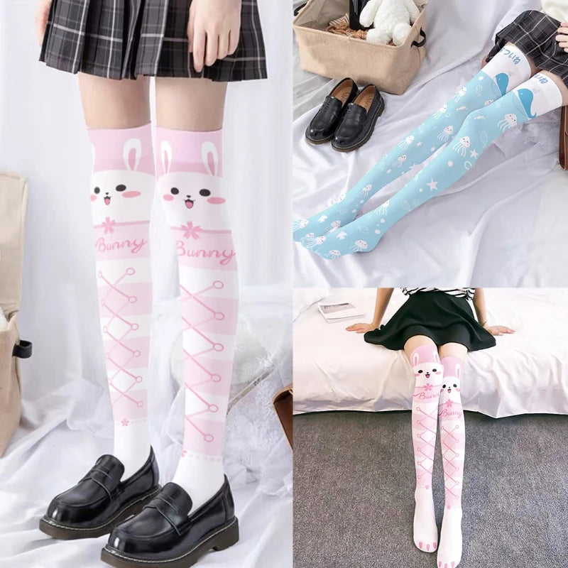 Japanese Women Lolita Kawaii Thigh High Stockings - Cartoon Print