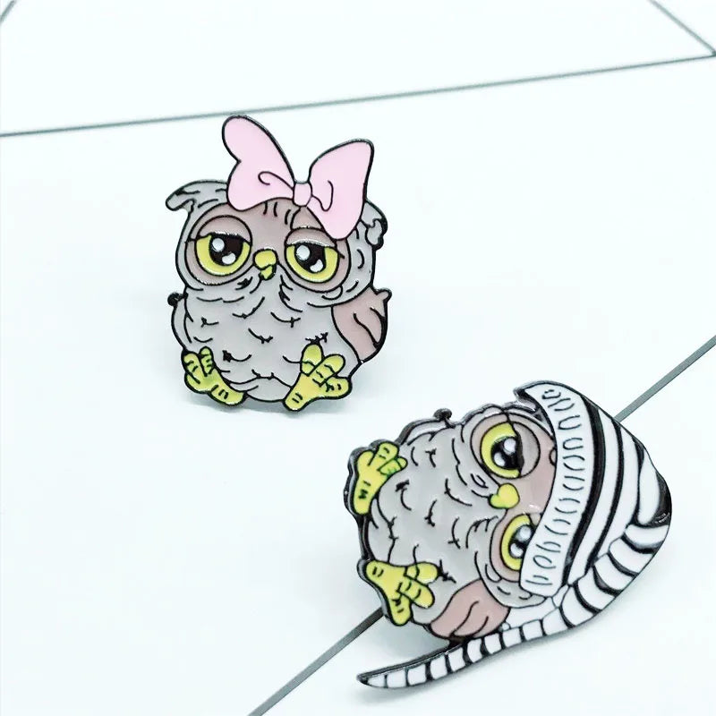 New Owl Brooch Bow Owl Long-tailed Owl Couple Animal Brooch Gift Child Cute Cartoon Badge Gift Jewelry Backpack Clothing Pendant