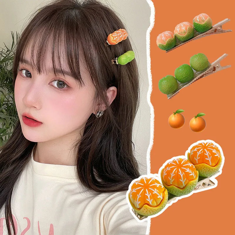 Kawaii Fruit Hairpins - Orange Side & Top Clips, Y2K Hair Accessories - Kawaiioo