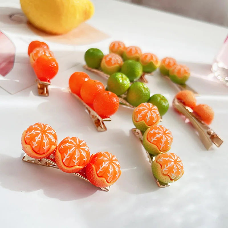 Kawaii Fruit Hairpins - Orange Side & Top Clips, Y2K Hair Accessories - Kawaiioo