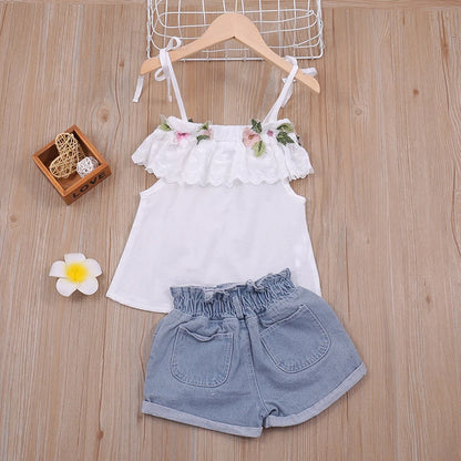 Summer 2-Piece Set - Flower Sling Top & Denim Shorts for Girls