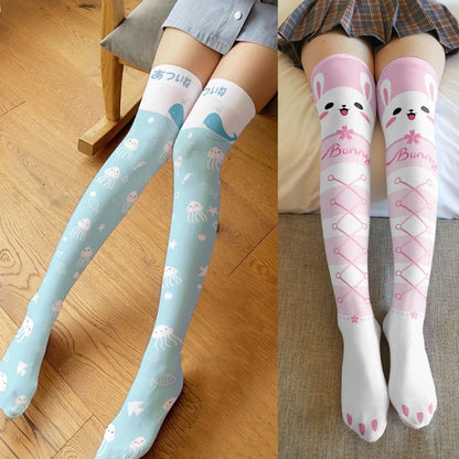 Japanese Women Lolita Kawaii Thigh High Stockings - Cartoon Print