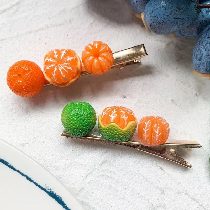 Kawaii Fruit Hairpins - Orange Side & Top Clips, Y2K Hair Accessories - Kawaiioo