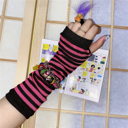 Y2K Lolita Striped Fingerless Gloves - Knitted Elbow Mittens