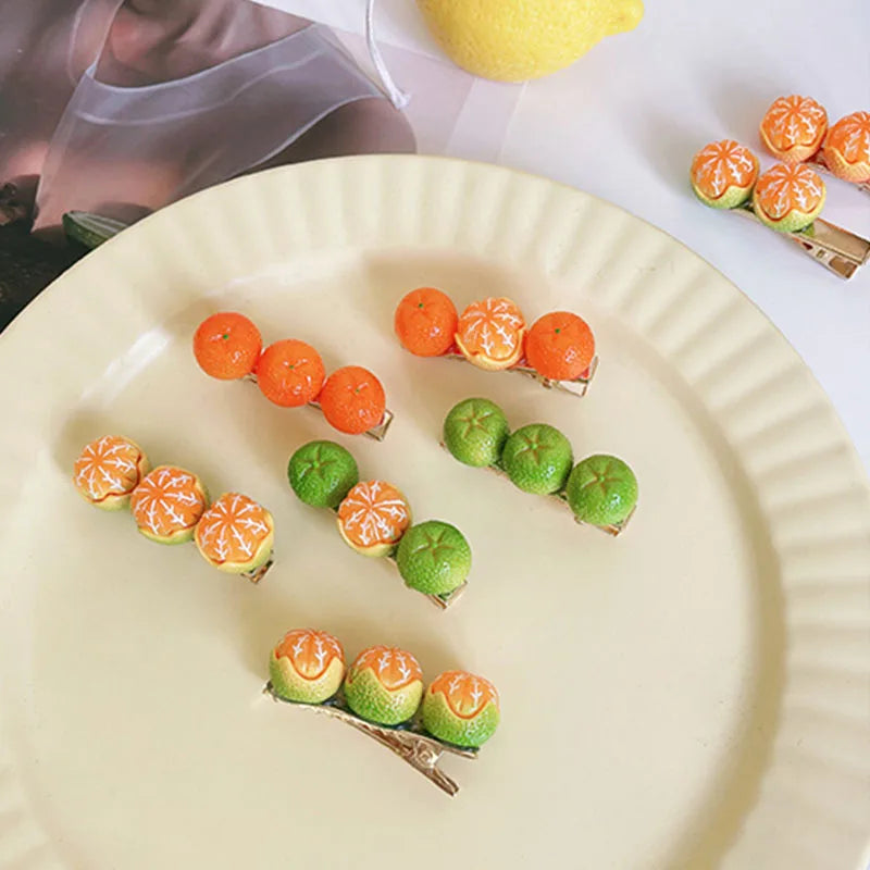 Kawaii Fruit Hairpins - Orange Side & Top Clips, Y2K Hair Accessories - Kawaiioo