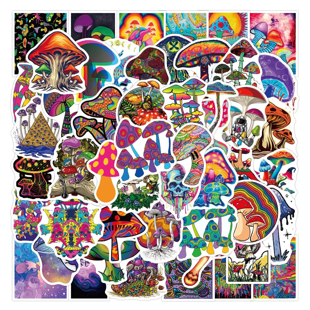 50pcs Colorful Psychedelic Mushroom Rainbow Stickers Aesthetic Cute Plant Mushroom Stickers for Graffiti Skateboard Laptop Decor