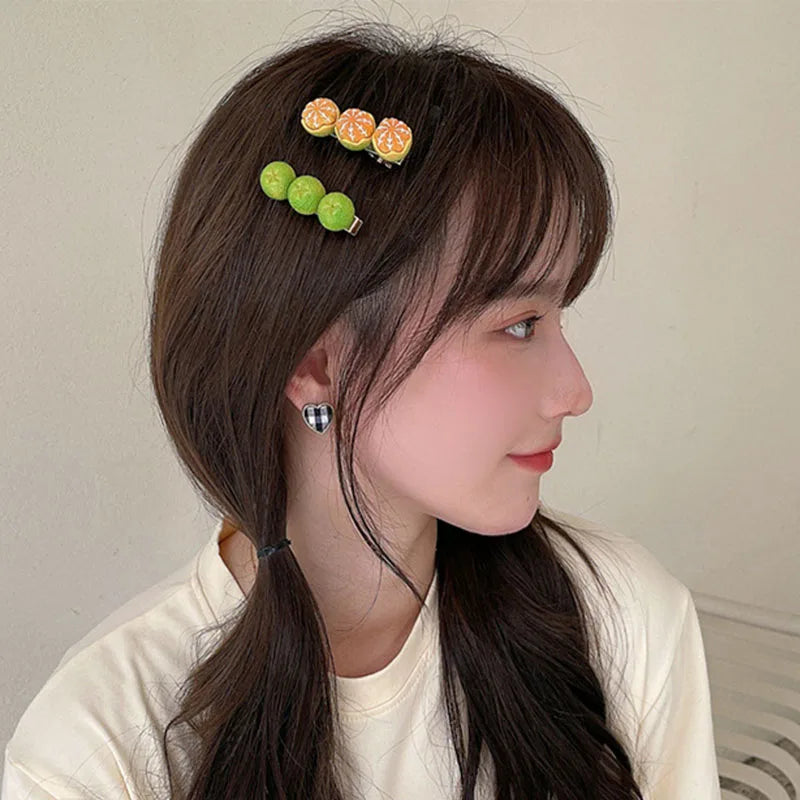 Kawaii Fruit Hairpins - Orange Side & Top Clips, Y2K Hair Accessories - Kawaiioo