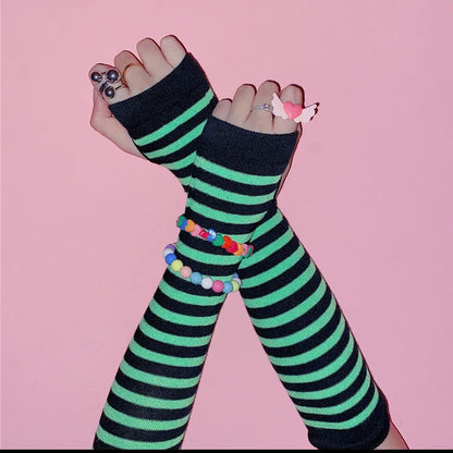 Y2K Lolita Striped Fingerless Gloves - Knitted Elbow Mittens