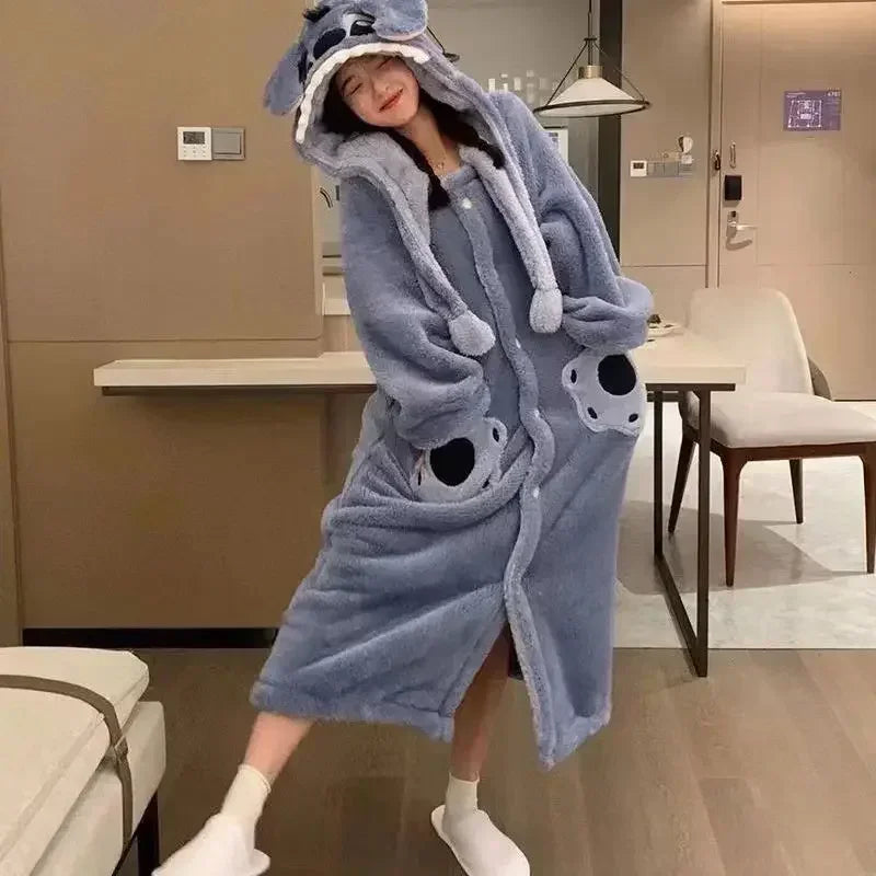 Kawaii Stitch Disney Robe - Thickened Hooded Loungewear for Women