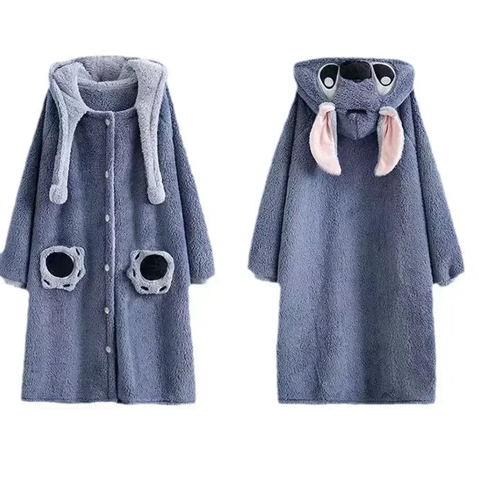 Kawaii Stitch Disney Robe - Thickened Hooded Loungewear for Women