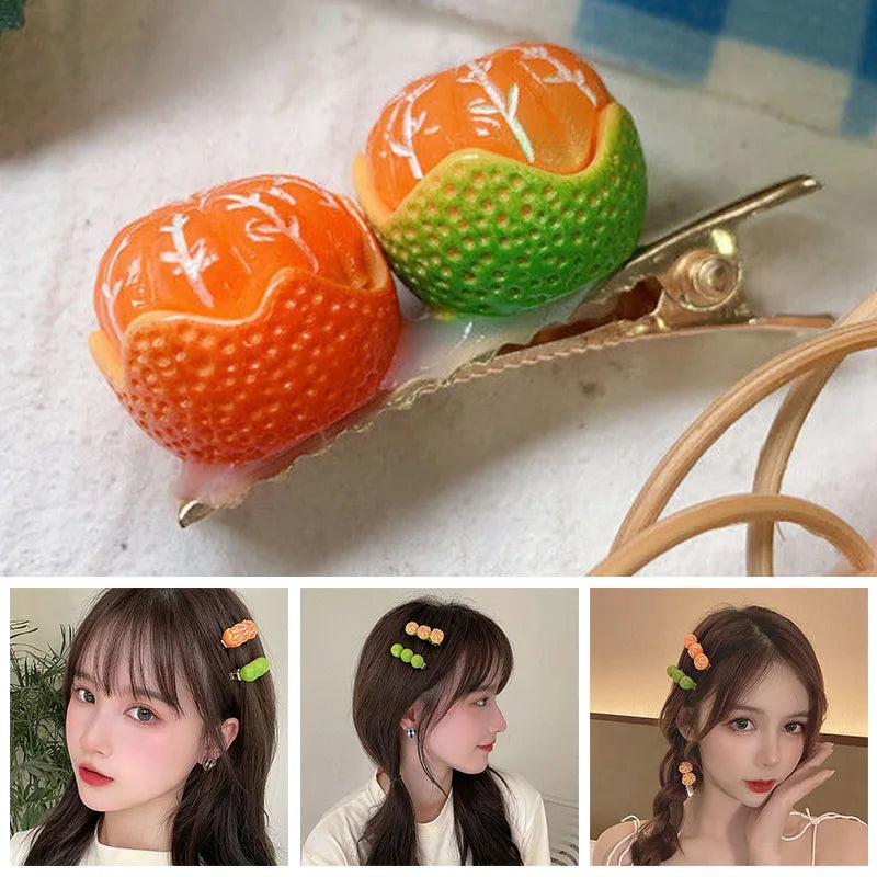 Kawaii Fruit Hairpins - Orange Side & Top Clips, Y2K Hair Accessories - Kawaiioo