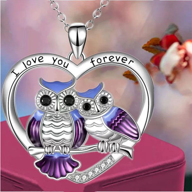 Fashion Creative Mother Child Owl Heart Necklace Oil Owl Pendant Engagement Necklaces for Women Animal Jewelry Anniversary Gift