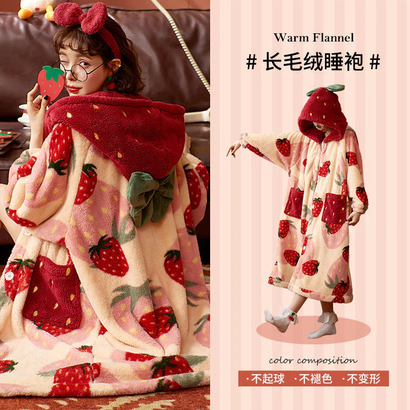 Women Strawberry Winter Nightgown - Cute Hooded Flannel Sleepwear for Winter