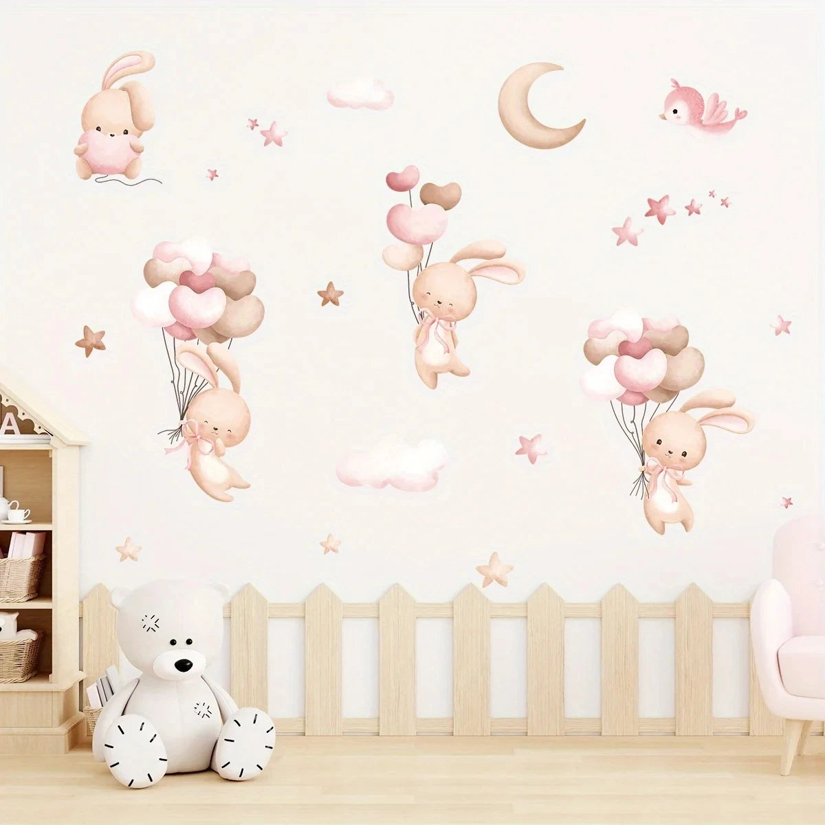 Cute Rabbit Balloon Wall Stickers for Girls Room Baby Nursery Kindergarten Background Wallpaper Wall Decals Bedroom Living Room