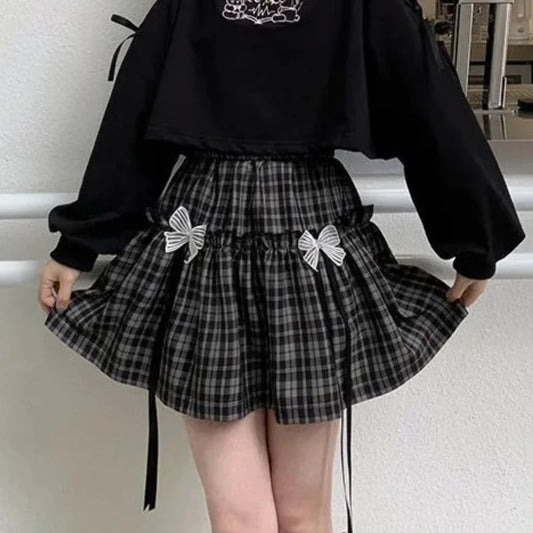 HOUZHOU Kawaii Gothic Lolita Plaid Skirt - Black High Waist A-line