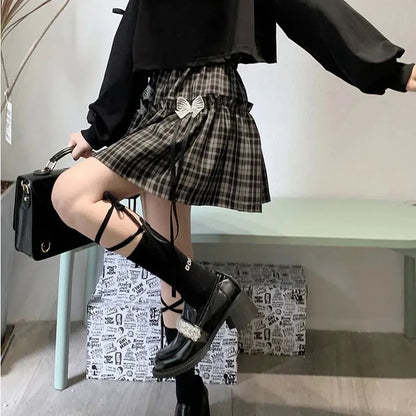 HOUZHOU Kawaii Gothic Lolita Plaid Skirt - Black High Waist A-line