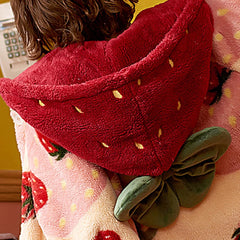 Women Strawberry Winter Nightgown - Cute Hooded Flannel Sleepwear for Winter