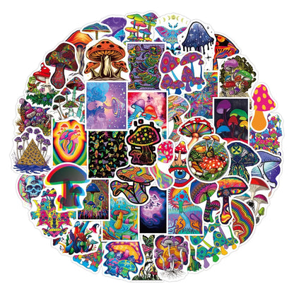 50pcs Colorful Psychedelic Mushroom Rainbow Stickers Aesthetic Cute Plant Mushroom Stickers for Graffiti Skateboard Laptop Decor