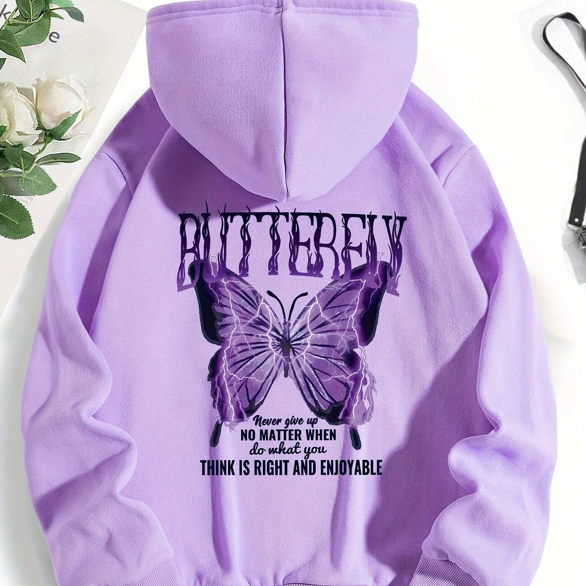 1pc Polyester Knit Fabric Long Sleeve Y2K Letter Butterfly Print Hoodie with Drawstring and Front Print for Casual Sports Wear